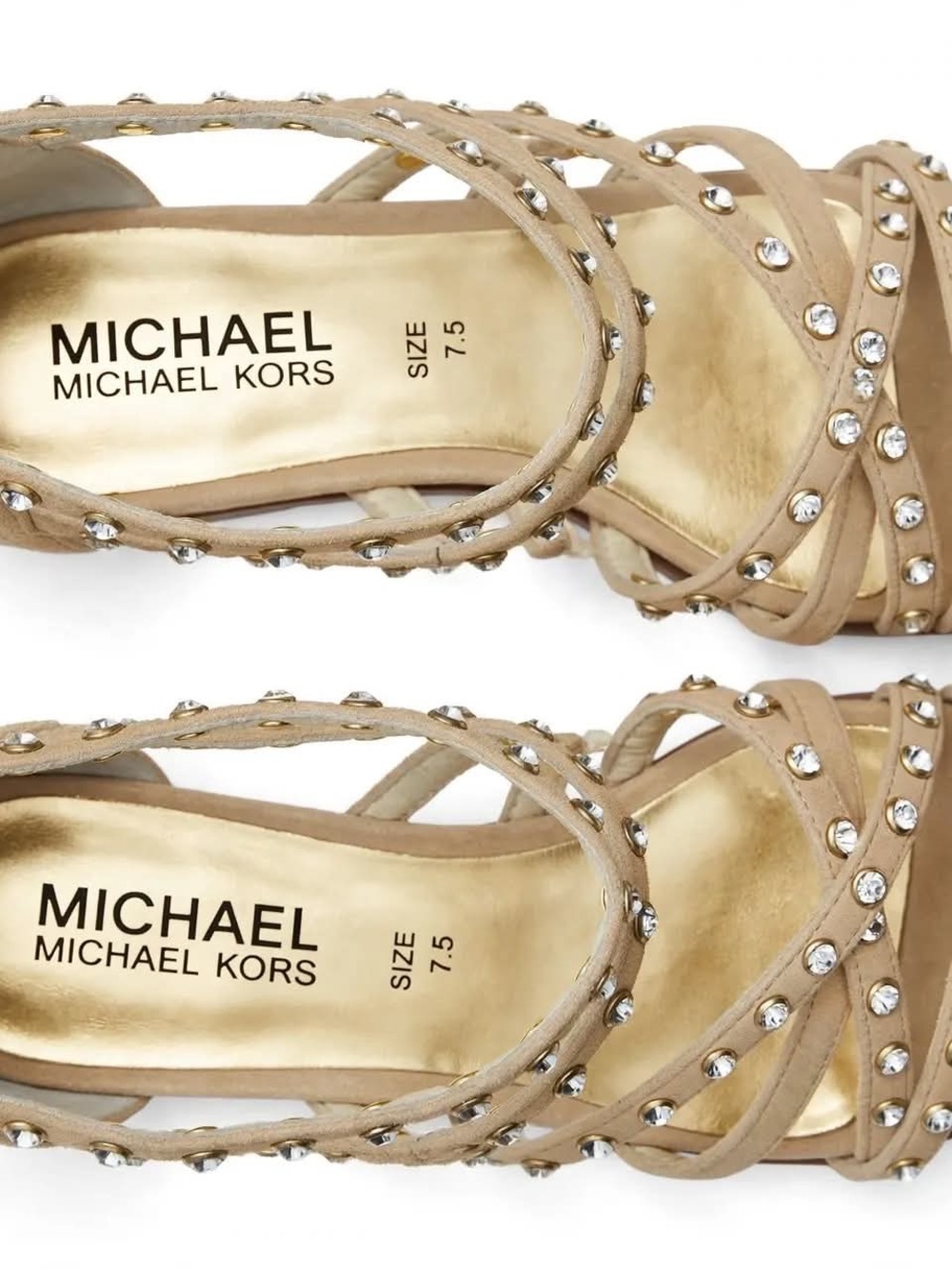 Michael Kors Gladiator Heels 7M Beige Suede Rhinestone Stiletto Sandals Back Zip - Picture 4 of 6